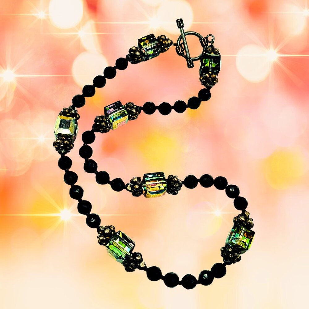 Vintage Style Black Faceted Bead Necklace with Iridescent Prism Beads